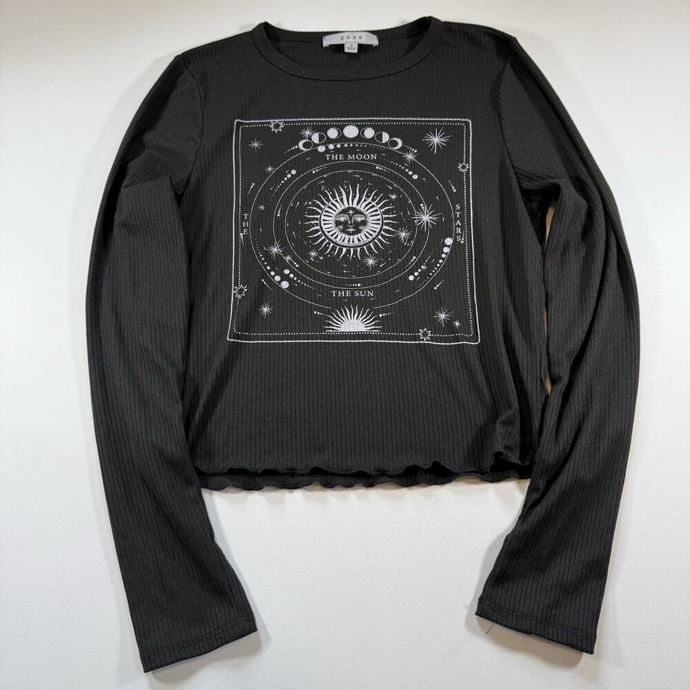 Gaze Boho Sun Moon Graphic Ribbed Cropped Stretch Long Sleeve Top Black Wms XS